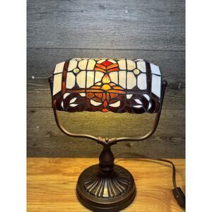 Vintage Tiffany Style Bankers Table Desk Lamp Stained Glass Artwork 13 X 10”